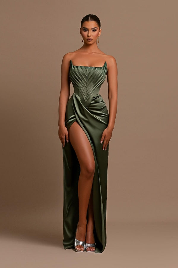 Green Mermaid Prom Dress Strapless Satin Formal Dress