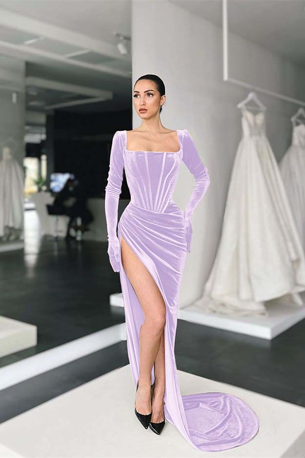 Green Mermaid Velvet Dress Long Sleeve Square Neck Evening Formal Dress