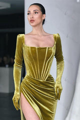Green Mermaid Velvet Dress Long Sleeve Square Neck Evening Formal Dress