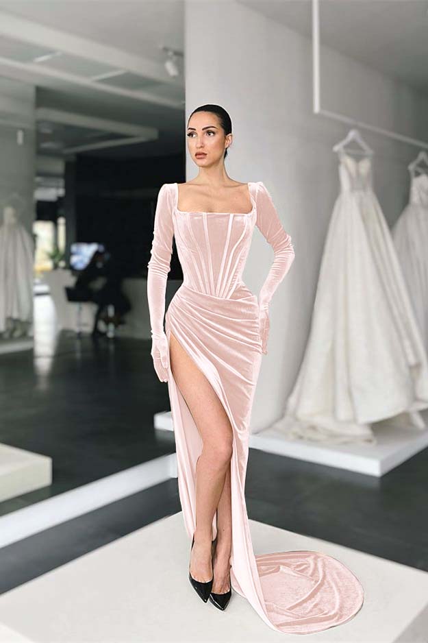 Green Mermaid Velvet Dress Long Sleeve Square Neck Evening Formal Dress