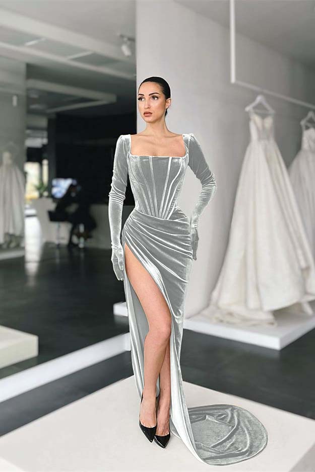 Green Mermaid Velvet Dress Long Sleeve Square Neck Evening Formal Dress