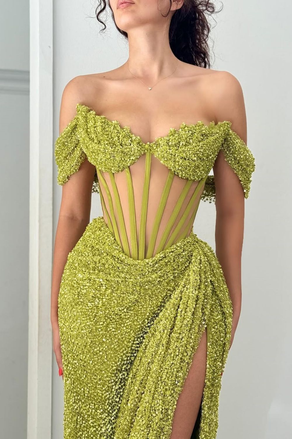 Green Off Shoulder Corset Sequin Prom Dress With High Slit Formal Evening Gown