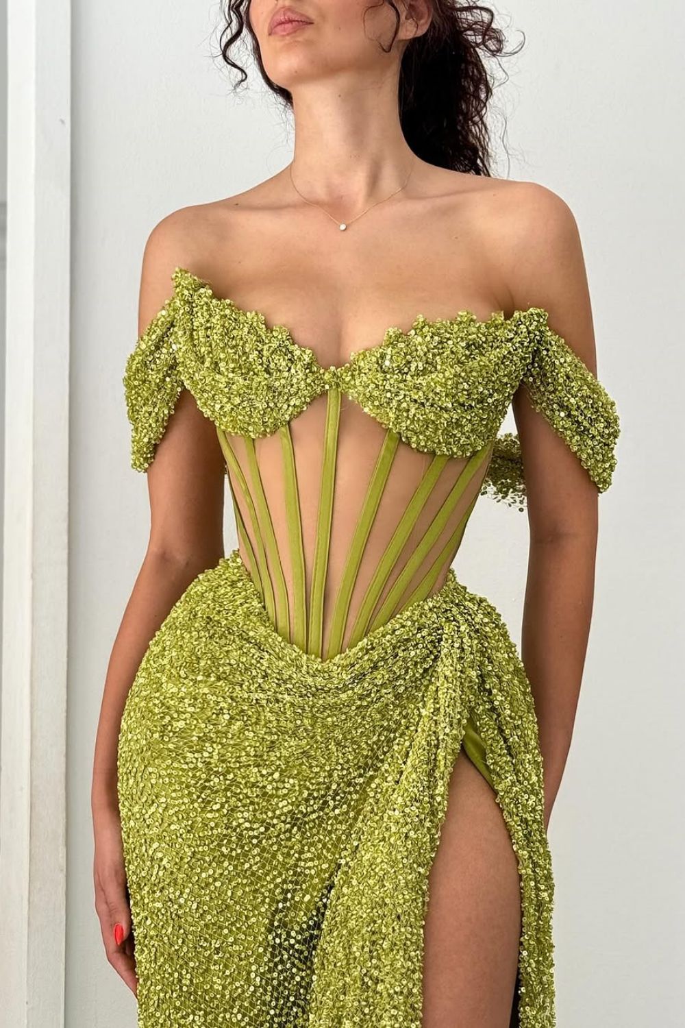 Green Off Shoulder Corset Sequin Prom Dress With High Slit Formal Evening Gown