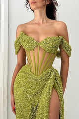 Green Off Shoulder Corset Sequin Prom Dress With High Slit Formal Evening Gown