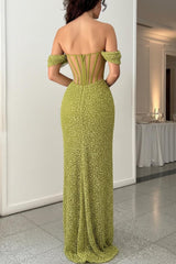 Green Off Shoulder Corset Sequin Prom Dress With High Slit Formal Evening Gown