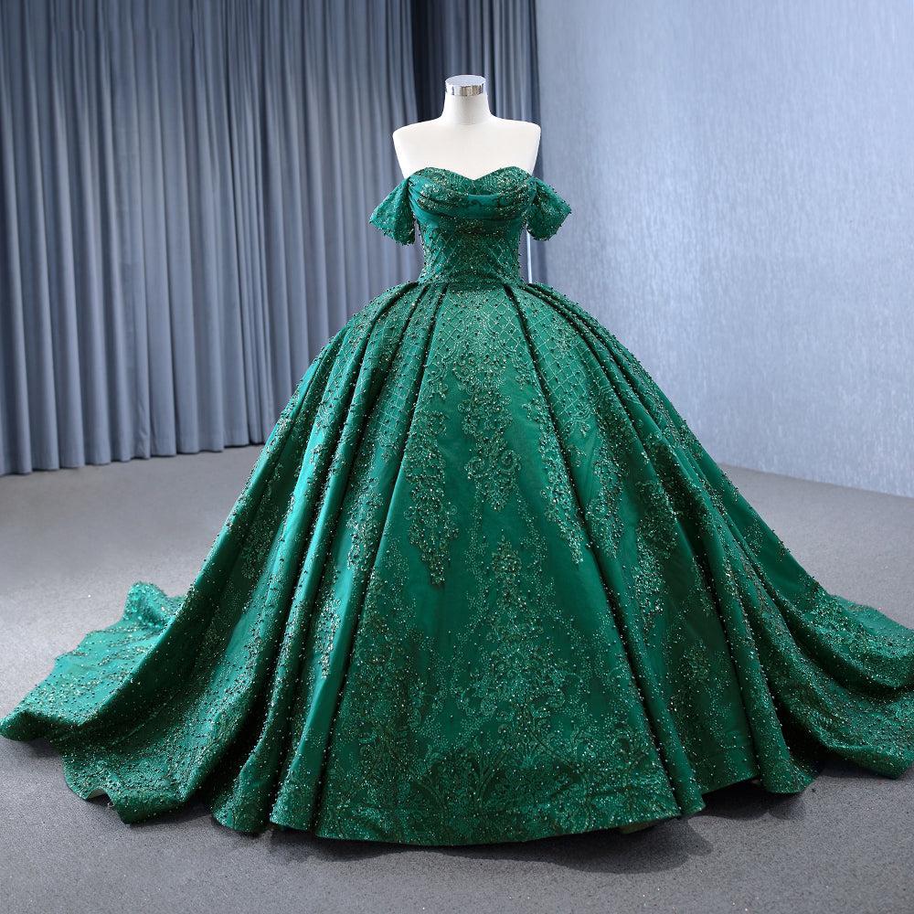 Dreamyannie Green Off the Shoulder Evening Dress Ball Gown Prom Dress