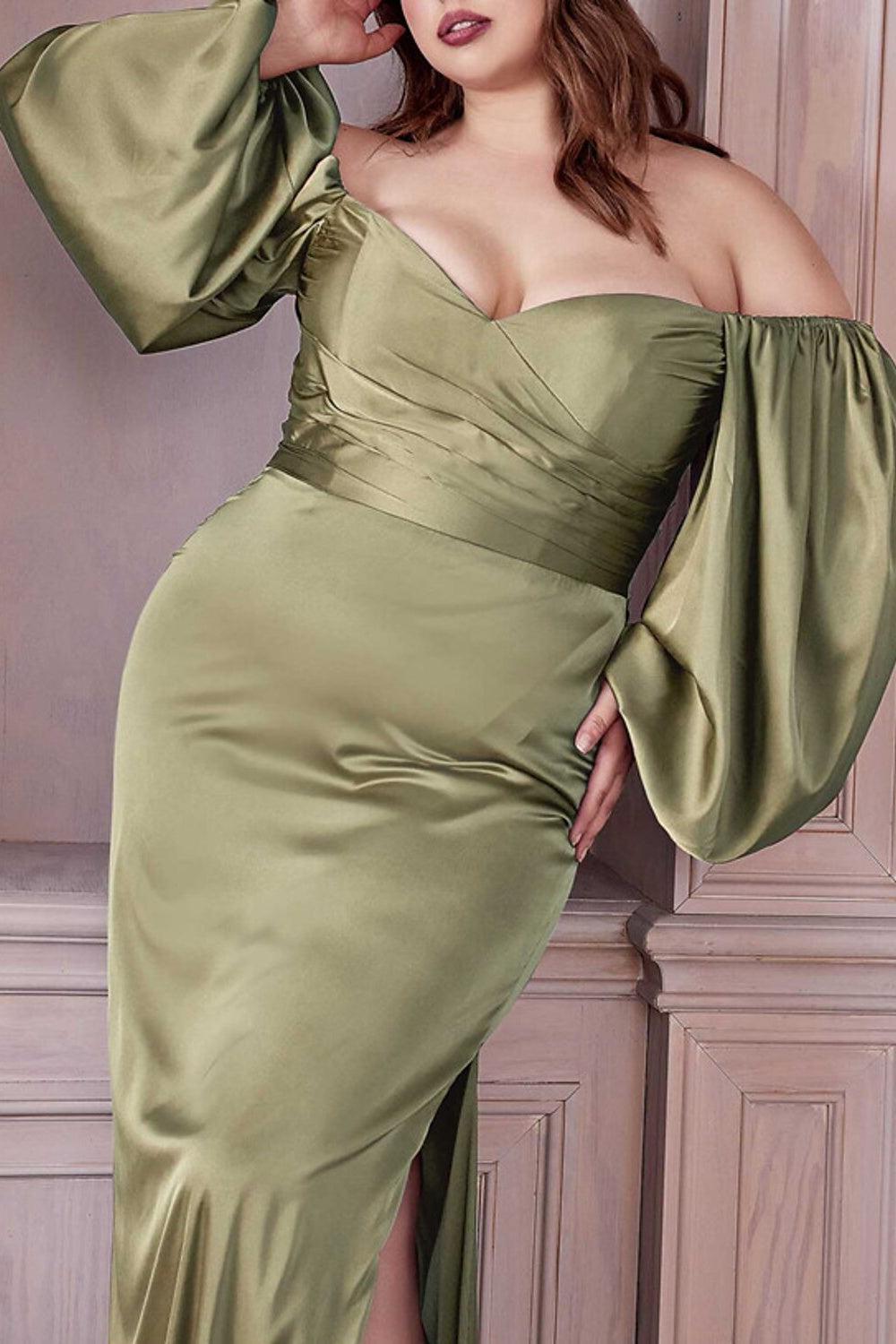 Green Plus Size Wedding Guest Dress Off the Shoulder Long Sleeves Formal Dress