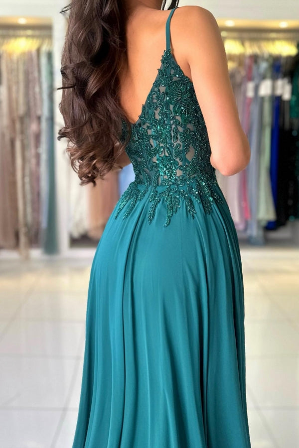 Green Prom Dress A Line Spaghetti Straps Lace Formal Dress With Slit