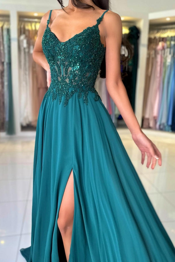 Green Prom Dress A Line Spaghetti Straps Lace Formal Dress With Slit