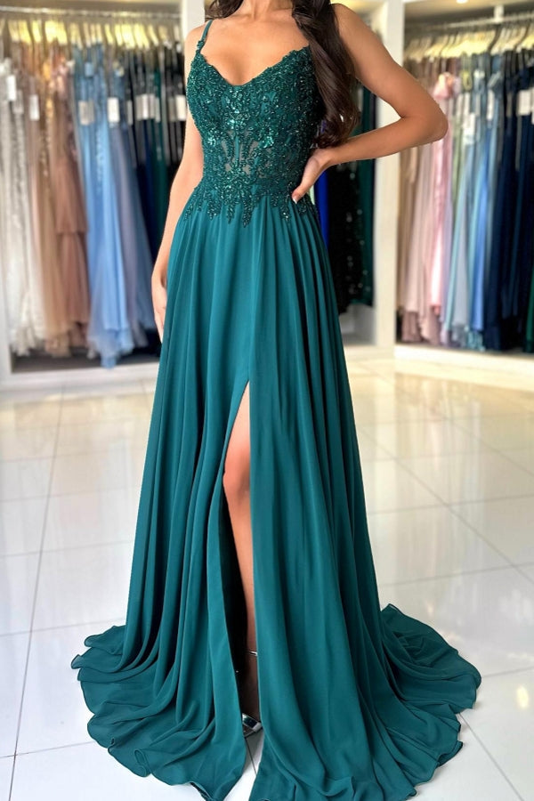 Green Prom Dress A Line Spaghetti Straps Lace Formal Dress With Slit