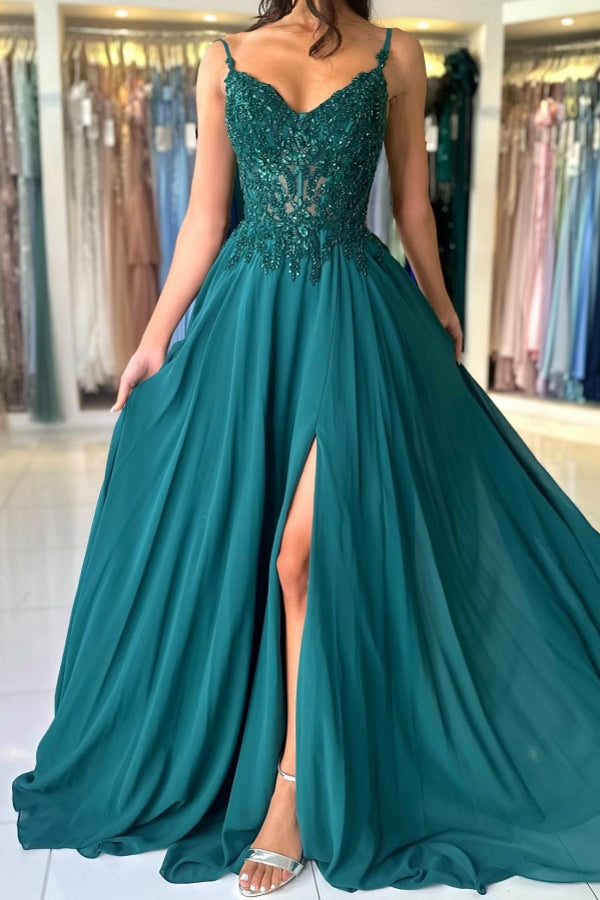 Green Prom Dress A Line Spaghetti Straps Lace Formal Dress With Slit