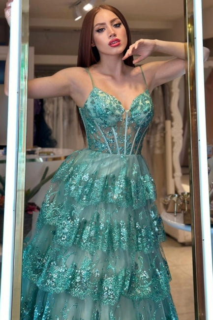 Green Prom Dress A Line Spaghetti Straps Sequined Lace Formal Dress