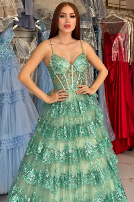 Green Prom Dress A Line Spaghetti Straps Sequined Lace Formal Dress