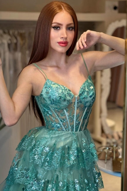 Green Prom Dress A Line Spaghetti Straps Sequined Lace Formal Dress