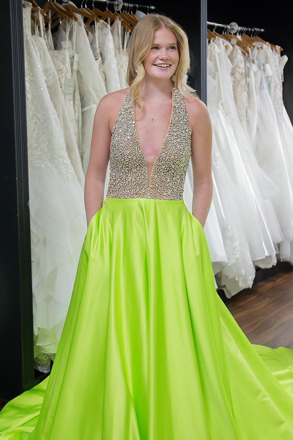Green Prom Dress Halter Neck A Line Formal Dress With Pockets