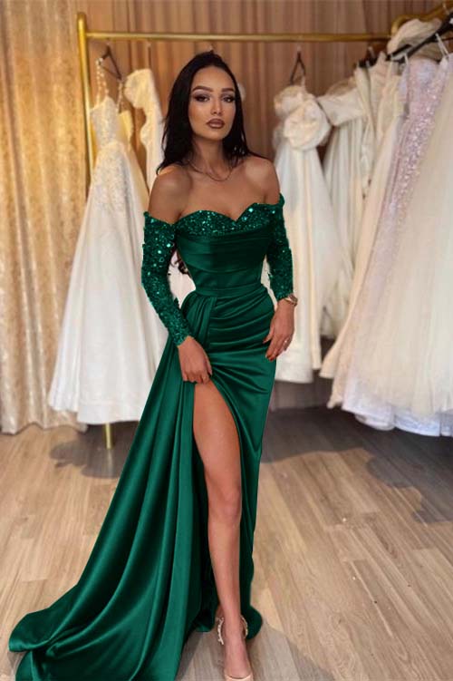 Green Prom Dress Long Sleeve Off the Shoulder Mermaid Sequined Formal Dress