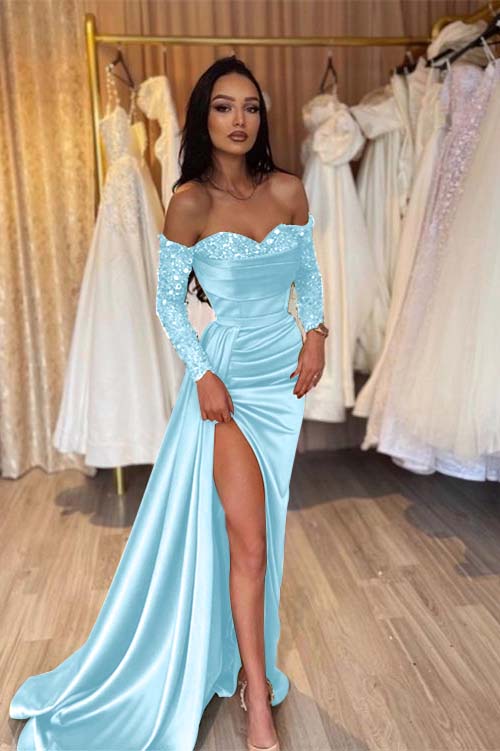 Green Prom Dress Long Sleeve Off the Shoulder Mermaid Sequined Formal Dress