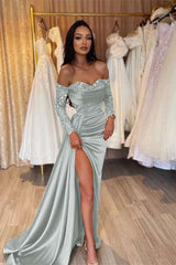 Green Prom Dress Long Sleeve Off the Shoulder Mermaid Sequined Formal Dress