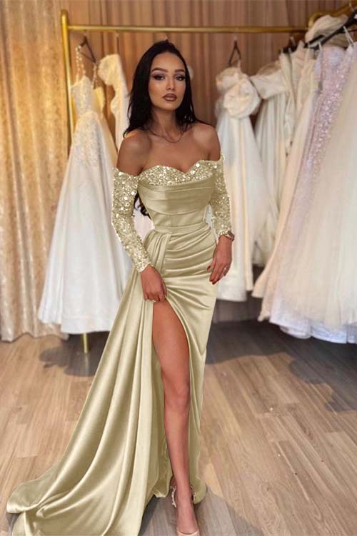Green Prom Dress Long Sleeve Off the Shoulder Mermaid Sequined Formal Dress