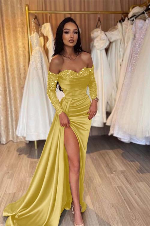 Green Prom Dress Long Sleeve Off the Shoulder Mermaid Sequined Formal Dress