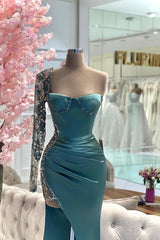 Green Prom Dress Mermaid Strapless One Shoulder Sleeve Beaded Satin Slit Formal Dress With Rhinestone