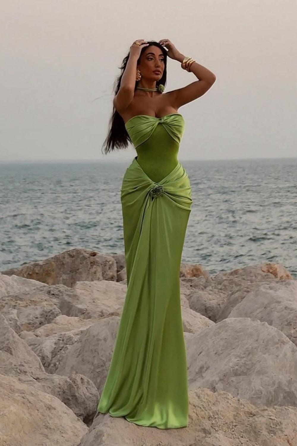 Green Ruched Bodice Mermaid Draped Maxi Prom Dress With Rosette Detail Formal Evening Gown