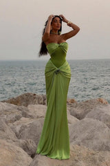 Green Ruched Bodice Mermaid Draped Maxi Prom Dress With Rosette Detail Formal Evening Gown