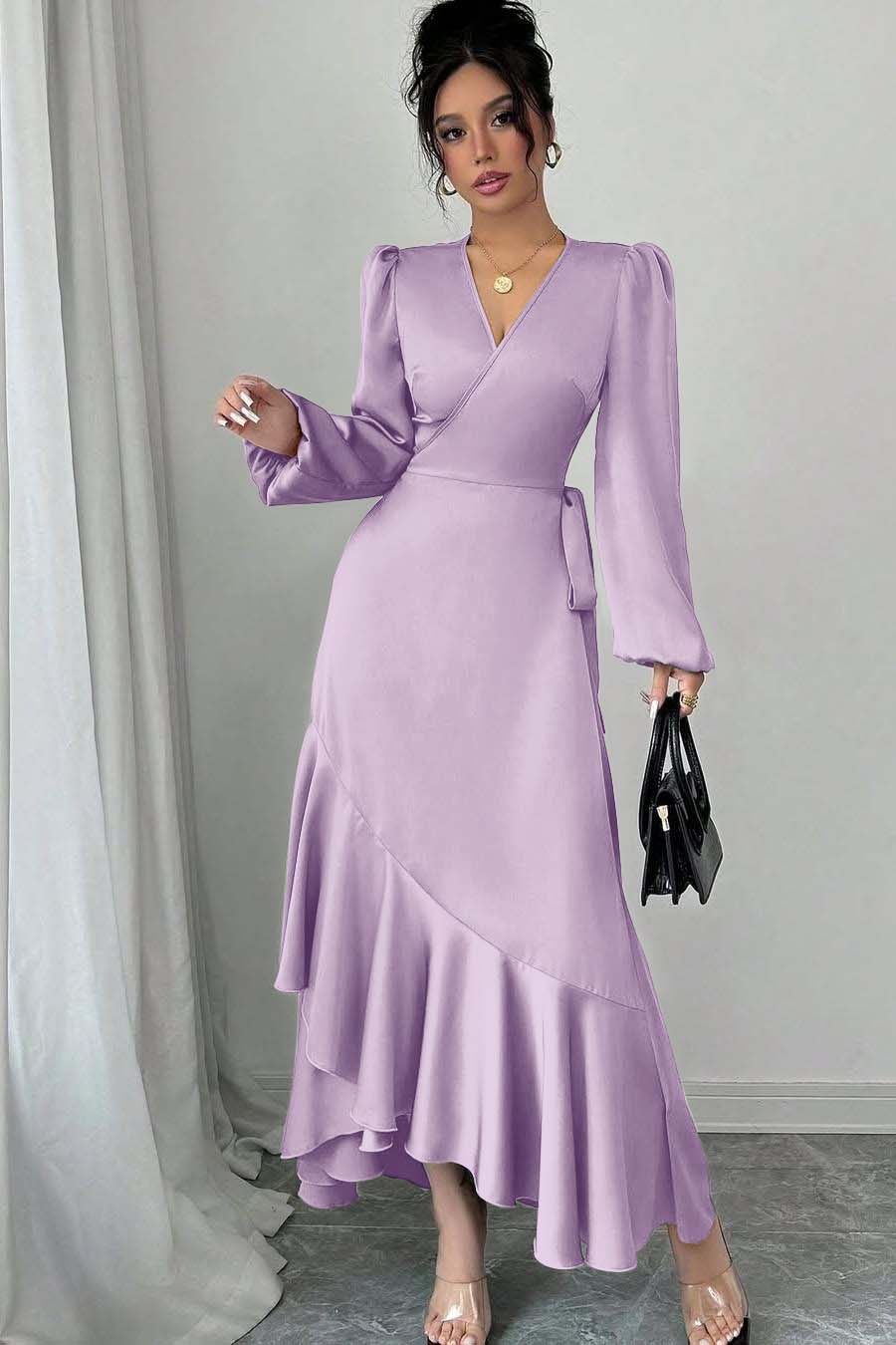 Green Sheath/Column Prom Dress Long Sleeve V Neck Satin Formal Dress