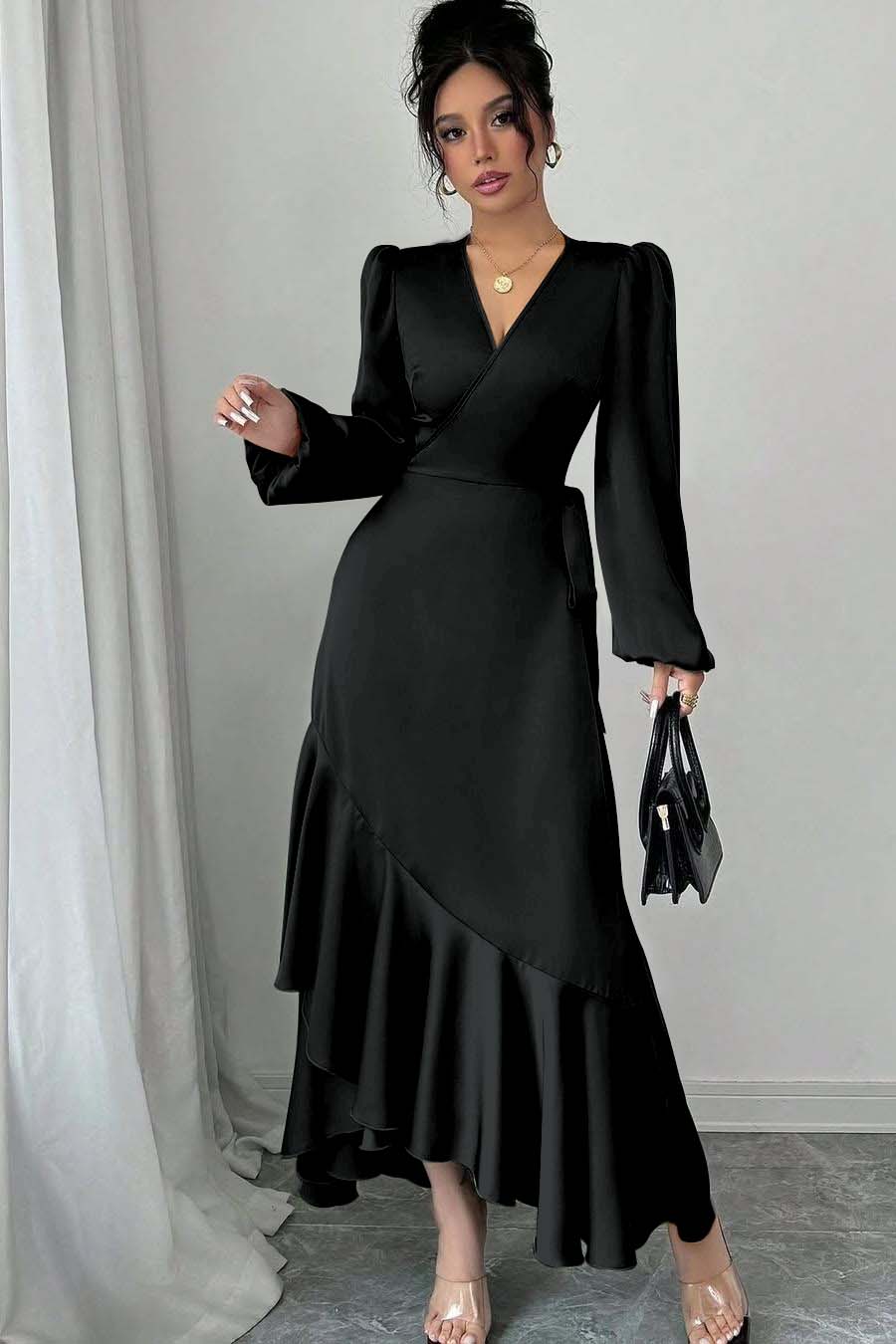 Green Sheath/Column Prom Dress Long Sleeve V Neck Satin Formal Dress