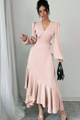 Green Sheath/Column Prom Dress Long Sleeve V Neck Satin Formal Dress