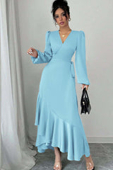 Green Sheath/Column Prom Dress Long Sleeve V Neck Satin Formal Dress