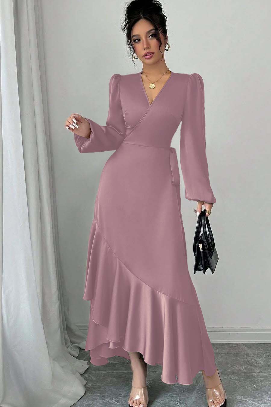 Green Sheath/Column Prom Dress Long Sleeve V Neck Satin Formal Dress