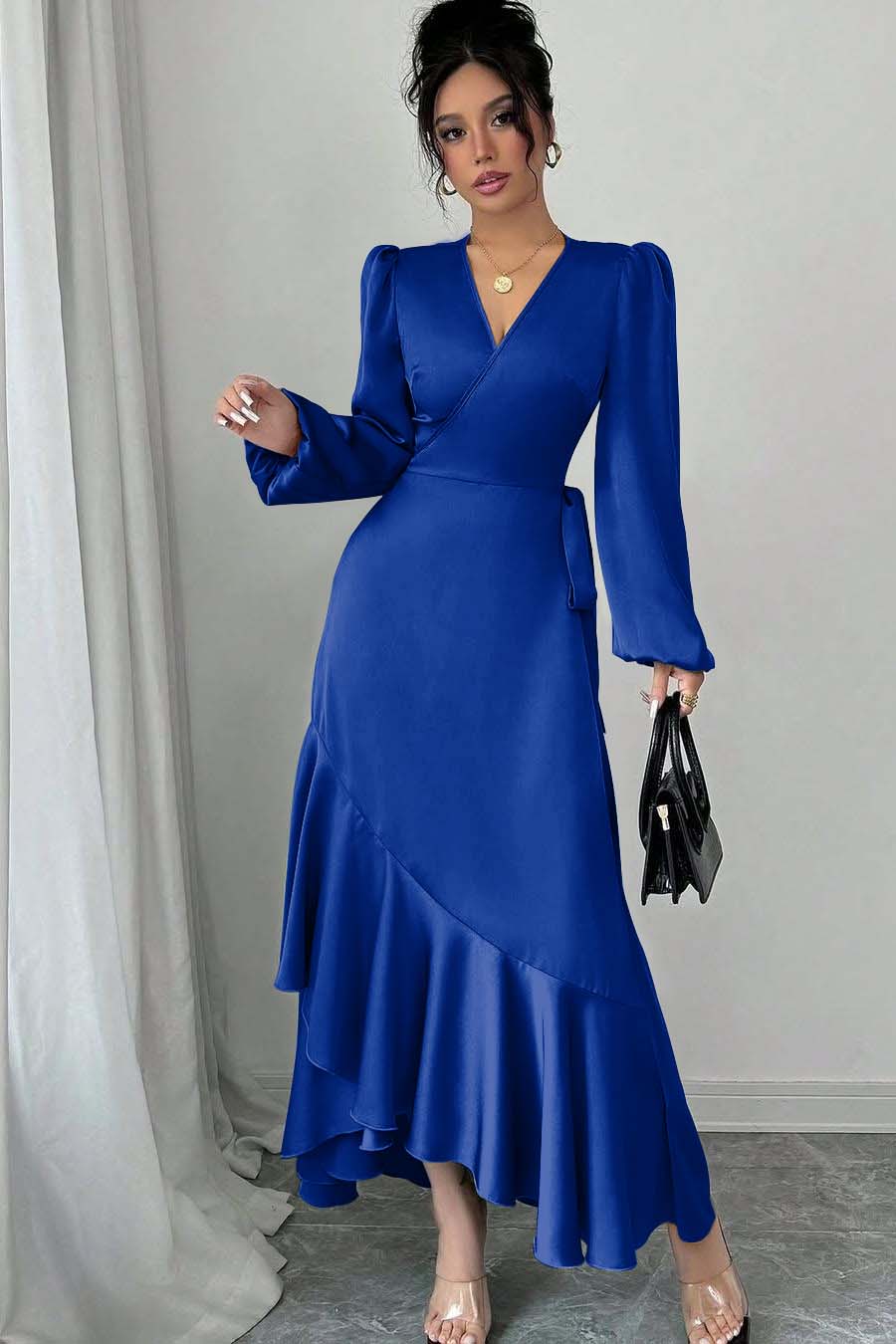 Green Sheath/Column Prom Dress Long Sleeve V Neck Satin Formal Dress