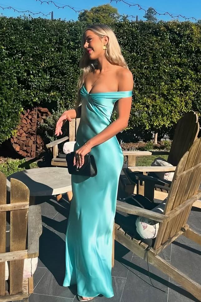Green Sheath/Column Prom Dress Off the Shoulder Satin Formal Dress