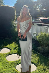 Green Sheath/Column Prom Dress Off the Shoulder Satin Formal Dress