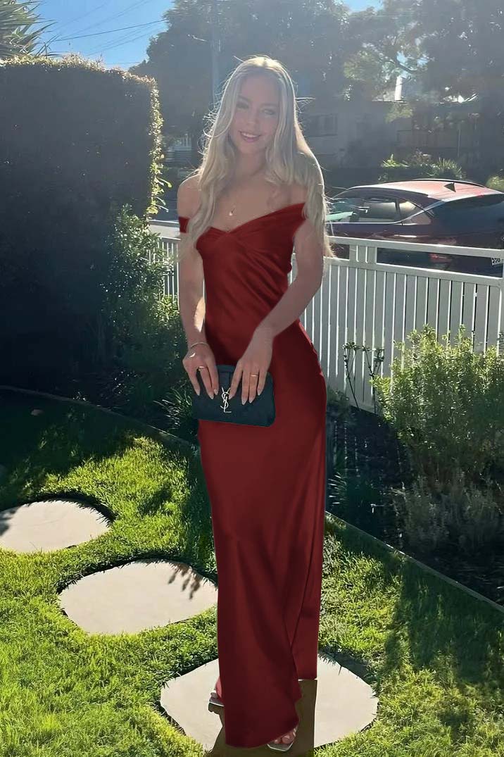 Green Sheath/Column Prom Dress Off the Shoulder Satin Formal Dress