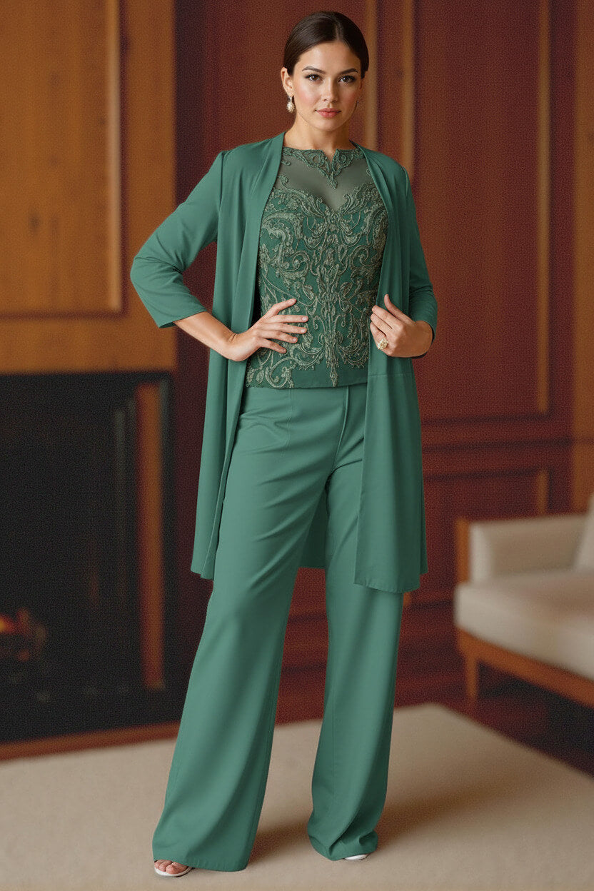 Dreamyannie Light Blue Bateau Neck Chiffon 3 Piece Mother Of The Bride Pant Suits With Jacket