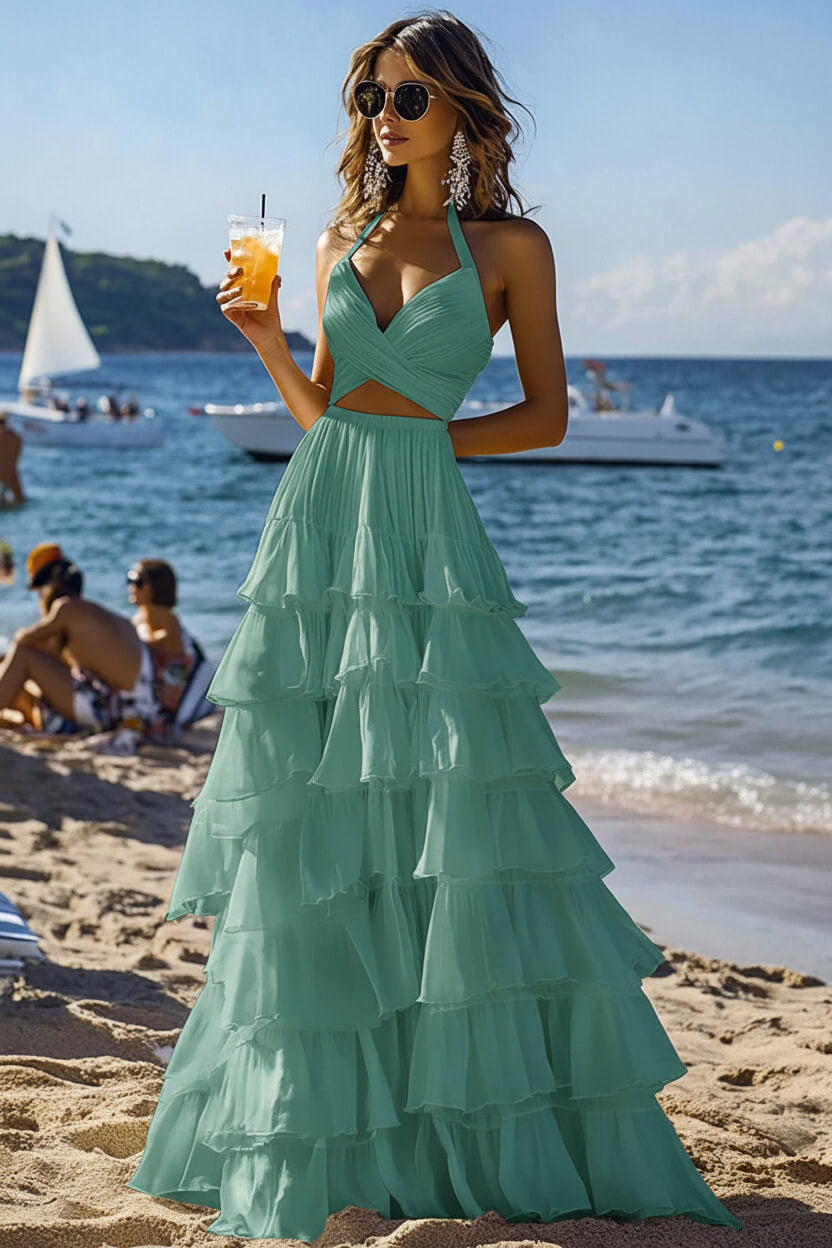 Dreamyannie Halter Tiered White 2 Piece Ruffled Formal Dress