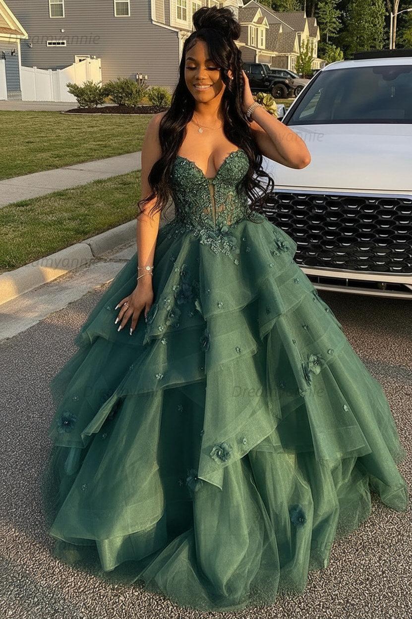 Dreamyannie Sage Prom Dress Floral Tiered Ruffles A-Line Sweetheart Corset Long Formal Dress