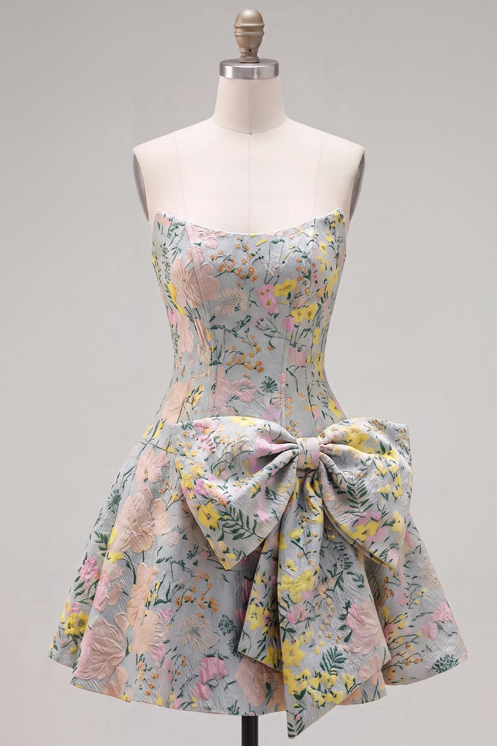 Grey A-Line Jacquard Short Corset Homecoming Dress with Bow