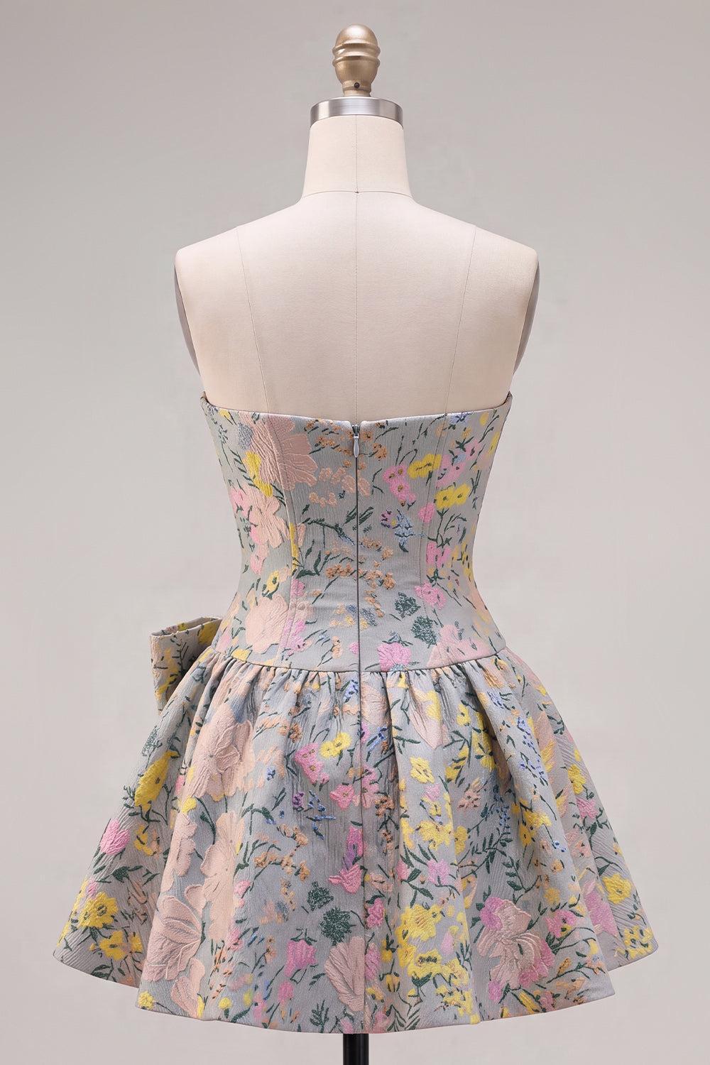 Grey A-Line Jacquard Short Corset Homecoming Dress with Bow