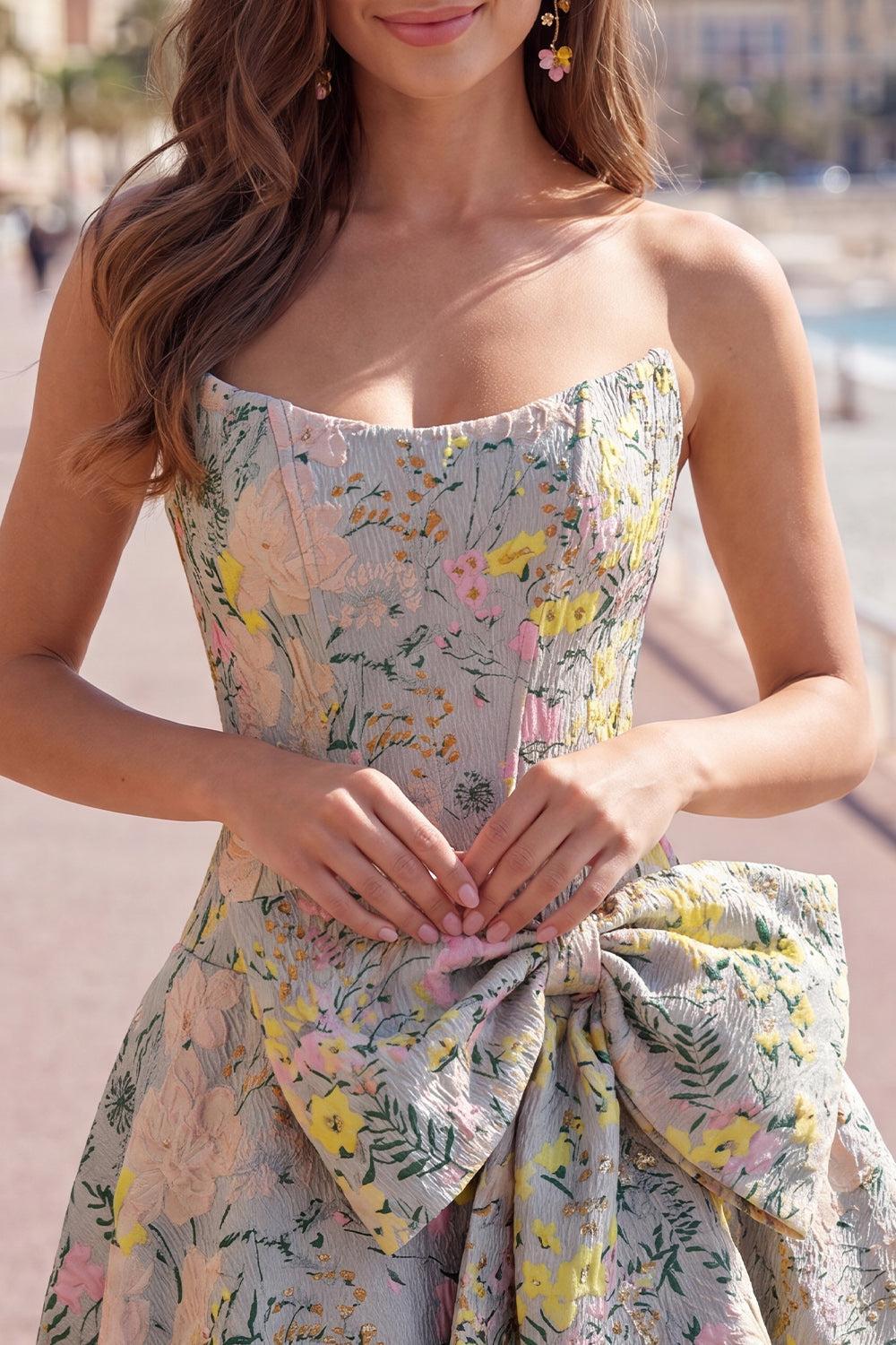 Grey A-Line Jacquard Short Corset Homecoming Dress with Bow
