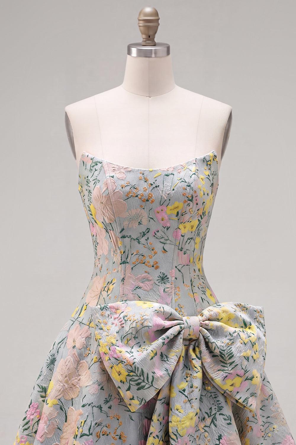 Grey A-Line Jacquard Short Corset Homecoming Dress with Bow