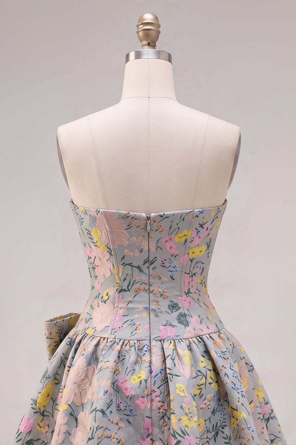 Grey A-Line Jacquard Short Corset Homecoming Dress with Bow