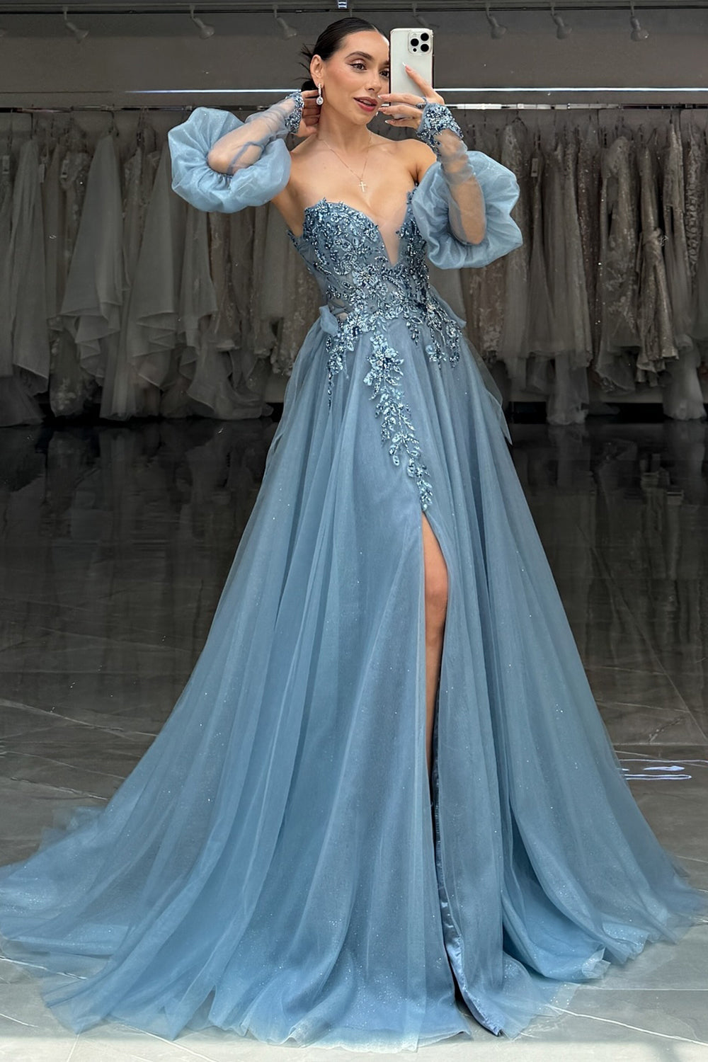 Grey Blue Prom Dress A-Line Appliques Formal Dress With Slit