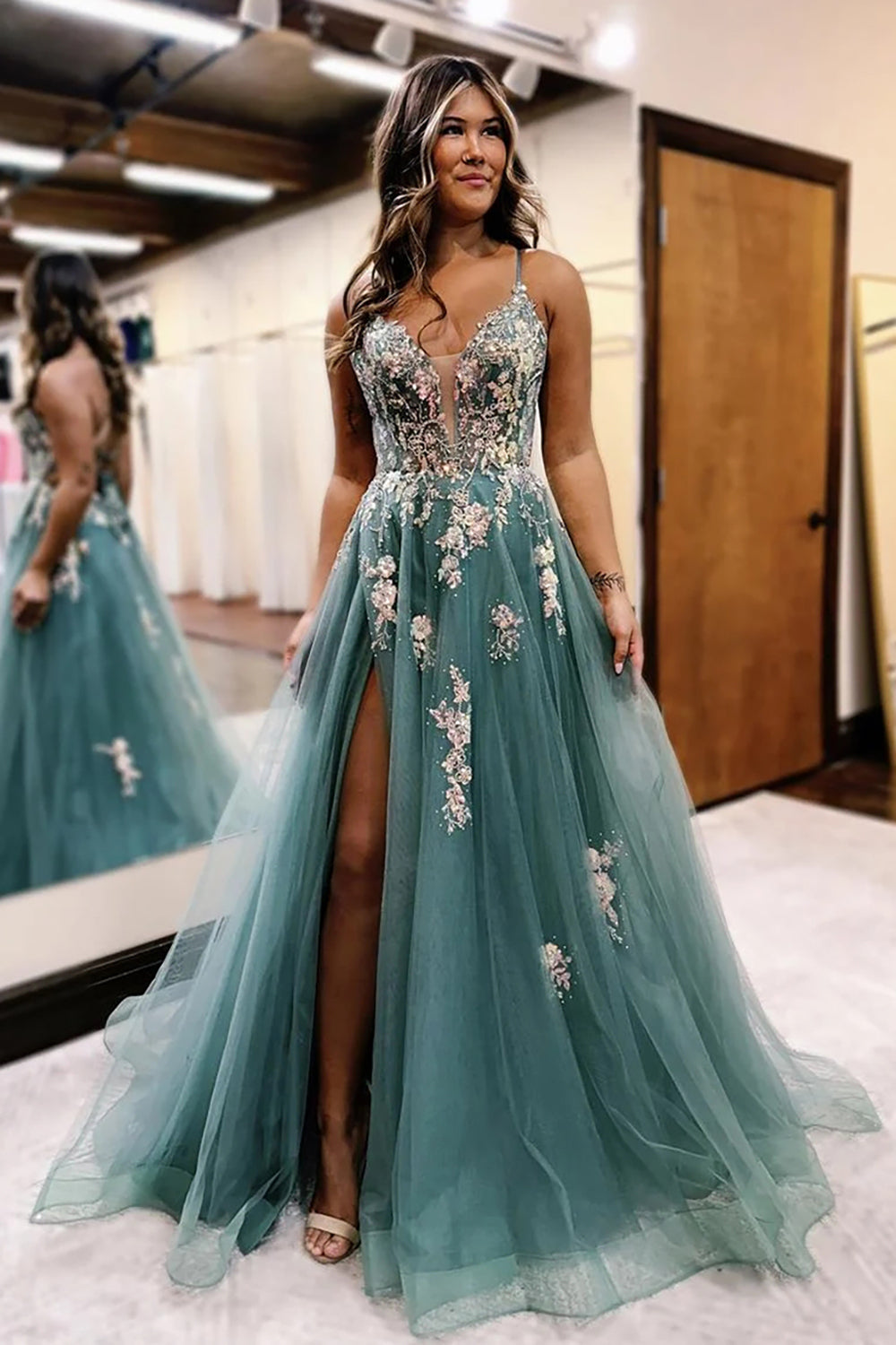 Grey Blue Prom Dress Floral Spaghetti Straps Formal Dress With Slit