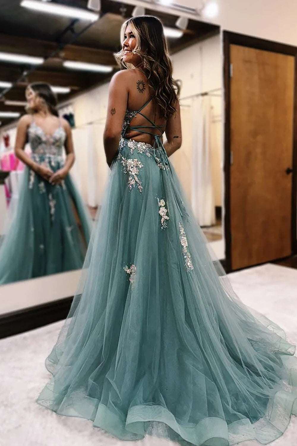 Grey Blue Prom Dress Floral Spaghetti Straps Formal Dress With Slit
