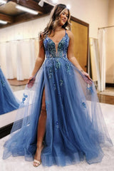 Grey Blue Prom Dress Floral Spaghetti Straps Formal Dress With Slit