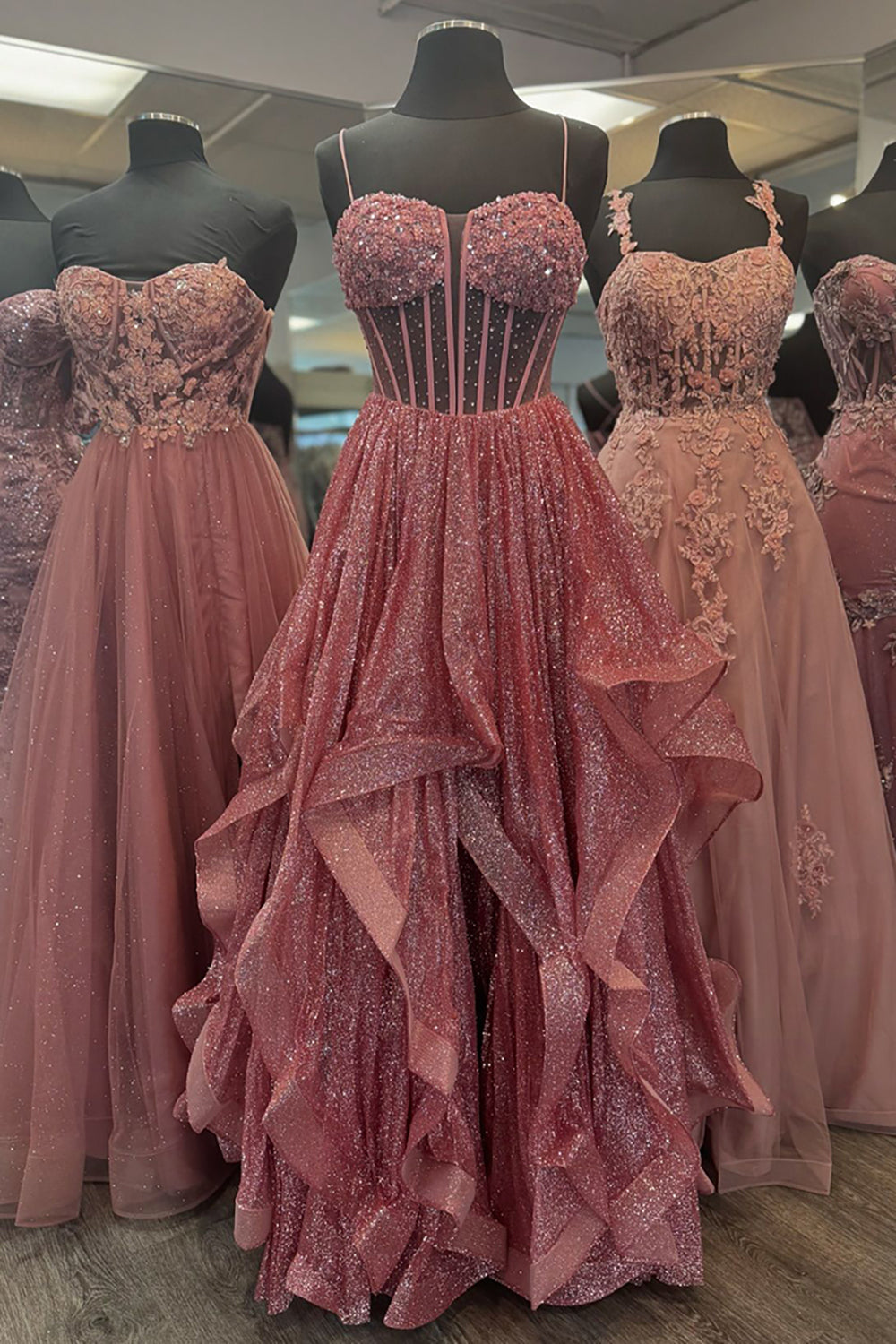 Grey Blue Prom Dress Ruffled A-Line Spaghetti Straps Long Formal Dress