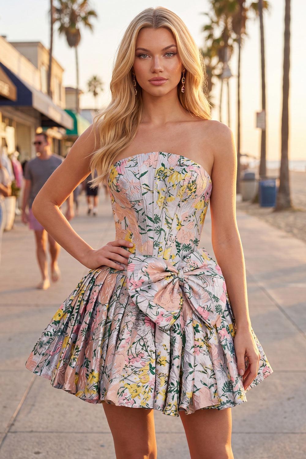 Grey Corset Jacquard A-Line Short Homecoming Dress with Bow